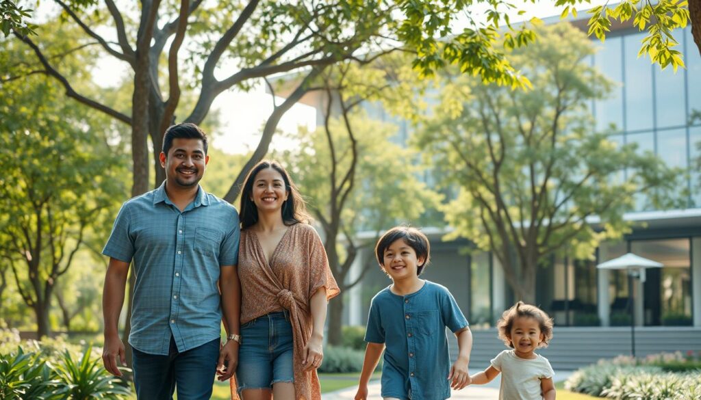 A serene, sun-dappled outdoor scene in the Alam Sutera Gading Serpong community. A family of four - parents and two young children - strolling along a lush, tree-lined path, their faces radiant with contentment. In the background, the sleek, modern architecture of the BeeGenius mental health services facility rises, its glass facade reflecting the verdant surroundings. Warm, diffused lighting casts a welcoming glow, inviting visitors to explore the holistic wellness offerings within. The overall mood is one of tranquility, community, and a deep commitment to nurturing mental and emotional wellbeing.