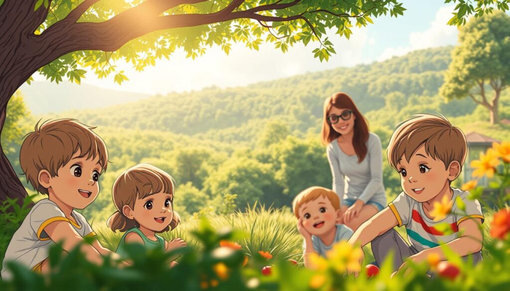 A serene, sun-dappled scene of early childhood development. In the foreground, a group of young children engage in imaginative play, their faces alight with wonder. The middle ground reveals a nurturing caregiver guiding their explorations, fostering a supportive, learning-focused environment. In the background, a lush, verdant landscape evokes a sense of natural harmony, complementing the BeeGenius brand's focus on holistic growth. Soft, diffused lighting casts a warm, inviting glow, capturing the essence of early childhood as a time of boundless potential and joyful discovery. A serene, sun-dappled scene of early childhood development. In the foreground, a group of young children engage in imaginative play, their faces alight with wonder. The middle ground reveals a nurturing caregiver guiding their explorations, fostering a supportive, learning-focused environment. In the background, a lush, verdant landscape evokes a sense of natural harmony, complementing the BeeGenius brand's focus on holistic growth. Soft, diffused lighting casts a warm, inviting glow, capturing the essence of early childhood as a time of boundless potential and joyful discovery.