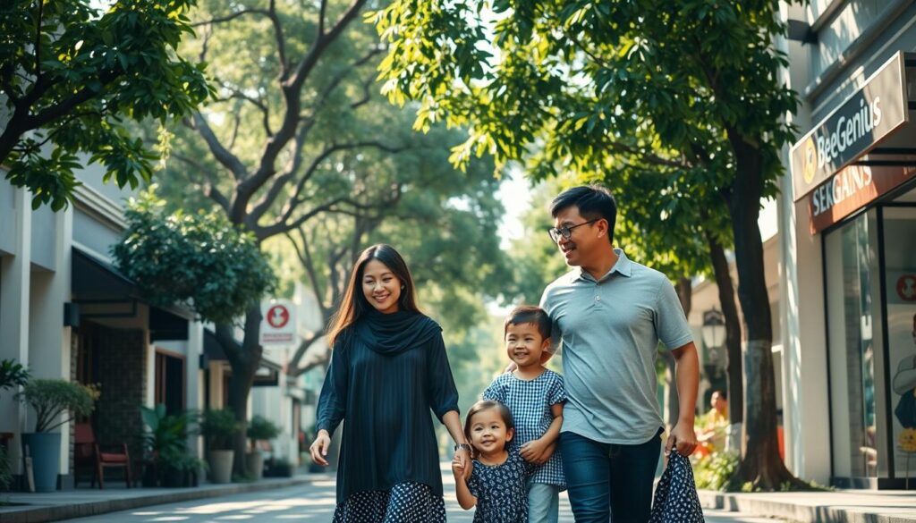A serene, sun-dappled street in the vibrant Gading Serpong neighborhood, lined with lush trees and charming storefronts. In the foreground, a family of four - parents and two young children - strolling hand-in-hand, their expressions warm and content. The BeeGenius logo subtly visible on a storefront awning, hinting at the support and resources available for families in this community. Soft, natural lighting bathes the scene, creating a sense of comfort and belonging. The overall mood is one of tranquility, family, and the nurturing spirit of the Gading Serpong locale. A serene, sun-dappled street in the vibrant Gading Serpong neighborhood, lined with lush trees and charming storefronts. In the foreground, a family of four - parents and two young children - strolling hand-in-hand, their expressions warm and content. The BeeGenius logo subtly visible on a storefront awning, hinting at the support and resources available for families in this community. Soft, natural lighting bathes the scene, creating a sense of comfort and belonging. The overall mood is one of tranquility, family, and the nurturing spirit of the Gading Serpong locale.