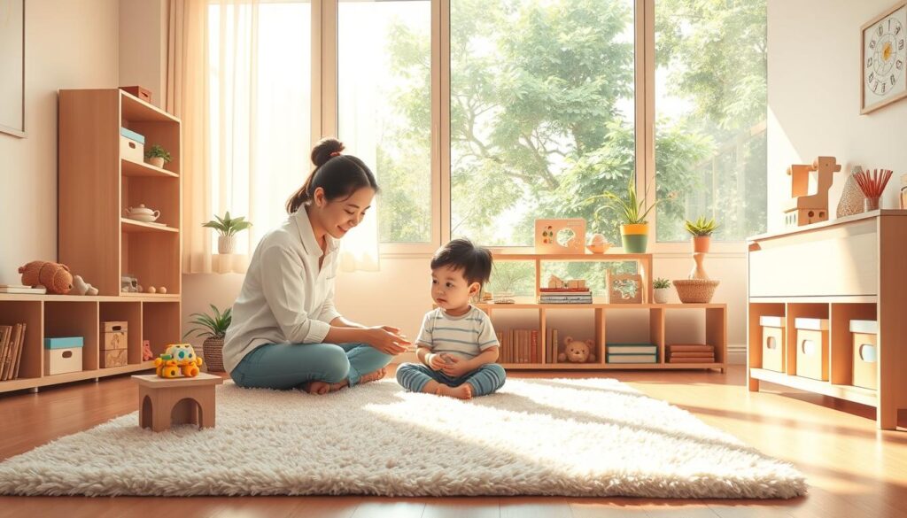 A serene therapy room in the BeeGenius center, Tangerang. The foreground features a child sitting cross-legged on a plush rug, engaged in play therapy with a trained therapist. Soft, natural lighting filters in through large windows, casting a warm, nurturing glow. The middle ground showcases tactile sensory toys and educational resources arranged on shelves, while the background reveals a tranquil garden visible through the windows, providing a calming, nature-inspired ambiance. The overall mood is one of comfort, care, and therapeutic focus, perfectly capturing the BeeGenius approach to child speech therapy. A serene therapy room in the BeeGenius center, Tangerang. The foreground features a child sitting cross-legged on a plush rug, engaged in play therapy with a trained therapist. Soft, natural lighting filters in through large windows, casting a warm, nurturing glow. The middle ground showcases tactile sensory toys and educational resources arranged on shelves, while the background reveals a tranquil garden visible through the windows, providing a calming, nature-inspired ambiance. The overall mood is one of comfort, care, and therapeutic focus, perfectly capturing the BeeGenius approach to child speech therapy.