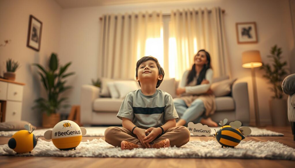 A serene, warm-lit interior of a cozy family home. In the foreground, a young boy sits cross-legged on a soft rug, eyes closed in deep contemplation, his face radiating an expression of newfound confidence. Surrounding him, playful bee-shaped decorations adorned with the "BeeGenius" logo, symbolizing the brand's empowering influence. In the middle ground, a smiling mother embraces her child, their bond reflected in the gentle glow of the room. The background features tasteful, minimalist decor, creating a sense of harmony and tranquility. The lighting is soft and natural, casting a comforting ambiance that enhances the overall feeling of personal growth and self-assurance. A serene, warm-lit interior of a cozy family home. In the foreground, a young boy sits cross-legged on a soft rug, eyes closed in deep contemplation, his face radiating an expression of newfound confidence. Surrounding him, playful bee-shaped decorations adorned with the "BeeGenius" logo, symbolizing the brand's empowering influence. In the middle ground, a smiling mother embraces her child, their bond reflected in the gentle glow of the room. The background features tasteful, minimalist decor, creating a sense of harmony and tranquility. The lighting is soft and natural, casting a comforting ambiance that enhances the overall feeling of personal growth and self-assurance.