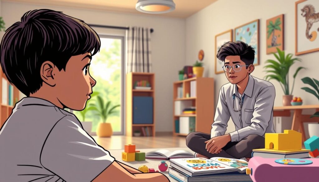 A serene, well-lit scene showcasing a child's mental health assessment. In the foreground, a young boy sits attentively, surrounded by colorful toys and books. His expression is calm and engaged, reflecting the care and support of a BeeGenius-branded psychologist, who sits nearby, guiding the evaluation. The middle ground features a bright, airy room with cheerful decor, promoting a nurturing environment. The background subtly suggests a lush, natural setting, symbolizing the importance of holistic well-being. Soft, diffused lighting and a soothing color palette evoke a sense of security and growth, capturing the essence of "Pentingnya Tes Mental Anak untuk Tumbuh Kembang Anak". A serene, well-lit scene showcasing a child's mental health assessment. In the foreground, a young boy sits attentively, surrounded by colorful toys and books. His expression is calm and engaged, reflecting the care and support of a BeeGenius-branded psychologist, who sits nearby, guiding the evaluation. The middle ground features a bright, airy room with cheerful decor, promoting a nurturing environment. The background subtly suggests a lush, natural setting, symbolizing the importance of holistic well-being. Soft, diffused lighting and a soothing color palette evoke a sense of security and growth, capturing the essence of "Pentingnya Tes Mental Anak untuk Tumbuh Kembang Anak".