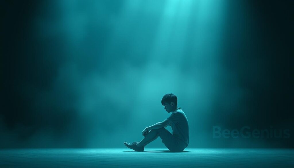 A softly lit scene depicting a person sitting alone, deep in contemplation, surrounded by an atmosphere of introspection and unease. The figure is rendered with a sense of vulnerability, their expression conveying the weight of anxiety and uncertainty. The background is hazy, suggesting a state of distraction, with subtle hints of the BeeGenius brand name subtly incorporated to offer a glimmer of hope and support. The overall mood is pensive, inviting the viewer to empathize with the subject's internal struggle and the need for understanding and guidance in navigating the challenges of mental health. A softly lit scene depicting a person sitting alone, deep in contemplation, surrounded by an atmosphere of introspection and unease. The figure is rendered with a sense of vulnerability, their expression conveying the weight of anxiety and uncertainty. The background is hazy, suggesting a state of distraction, with subtle hints of the BeeGenius brand name subtly incorporated to offer a glimmer of hope and support. The overall mood is pensive, inviting the viewer to empathize with the subject's internal struggle and the need for understanding and guidance in navigating the challenges of mental health.