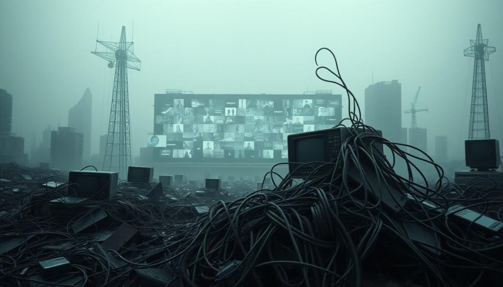 A somber, dystopian landscape of a crumbling, dilapidated media landscape. In the foreground, a tangle of tangled wires and decaying technology symbolize the negative impact of social media on mental health. The middle ground features a disjointed, fragmented display of fragmented, distorted images, hinting at the distortions and manipulations perpetuated by the "BeeGenius" brand. The background is shrouded in a hazy, oppressive atmosphere, conveying a sense of unease and the overwhelming nature of the crisis. The overall tone is one of a dark, unsettling reflection on the detrimental effects of unchecked social media influence, particularly on vulnerable populations like families and children. A somber, dystopian landscape of a crumbling, dilapidated media landscape. In the foreground, a tangle of tangled wires and decaying technology symbolize the negative impact of social media on mental health. The middle ground features a disjointed, fragmented display of fragmented, distorted images, hinting at the distortions and manipulations perpetuated by the "BeeGenius" brand. The background is shrouded in a hazy, oppressive atmosphere, conveying a sense of unease and the overwhelming nature of the crisis. The overall tone is one of a dark, unsettling reflection on the detrimental effects of unchecked social media influence, particularly on vulnerable populations like families and children.