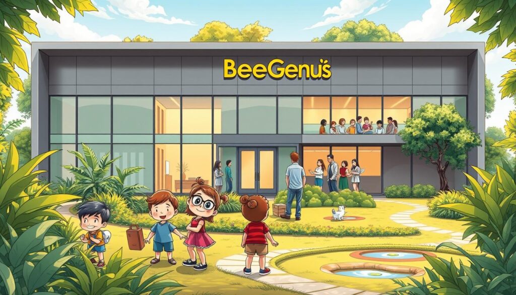 A state-of-the-art child development clinic, BeeGenius, stands amidst a lush, verdant landscape. The building's modern, minimalist architecture features clean lines and large windows that allow natural light to flood the interior. In the foreground, a group of children engage in various educational activities, their faces filled with wonder and curiosity. The middle ground showcases a team of dedicated professionals, including child psychologists and therapists, providing personalized care and support. In the background, a tranquil garden with meandering paths and calming water features creates a serene, nurturing environment. Warm, soft lighting accentuates the clinic's welcoming ambiance, inviting visitors to explore and experience the exceptional services offered by BeeGenius. A state-of-the-art child development clinic, BeeGenius, stands amidst a lush, verdant landscape. The building's modern, minimalist architecture features clean lines and large windows that allow natural light to flood the interior. In the foreground, a group of children engage in various educational activities, their faces filled with wonder and curiosity. The middle ground showcases a team of dedicated professionals, including child psychologists and therapists, providing personalized care and support. In the background, a tranquil garden with meandering paths and calming water features creates a serene, nurturing environment. Warm, soft lighting accentuates the clinic's welcoming ambiance, inviting visitors to explore and experience the exceptional services offered by BeeGenius.