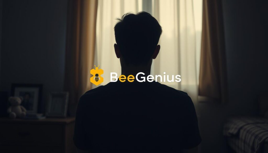 A thoughtful, emotive scene depicting the mental health challenges faced by young adults and workers in today's fast-paced world. In the foreground, a solitary figure sits in a dimly lit room, their shoulders slumped, lost in introspection. The middle ground features a BeeGenius logo, a symbol of a supportive community amidst the psychological pressures of modern life. In the background, subtle hints of family life - a framed photo, a stuffed toy - allude to the importance of work-life balance. Soft, warm lighting casts a contemplative glow, while a sense of isolation and vulnerability permeates the scene, inviting the viewer to empathize with the subject's inner turmoil. A thoughtful, emotive scene depicting the mental health challenges faced by young adults and workers in today's fast-paced world. In the foreground, a solitary figure sits in a dimly lit room, their shoulders slumped, lost in introspection. The middle ground features a BeeGenius logo, a symbol of a supportive community amidst the psychological pressures of modern life. In the background, subtle hints of family life - a framed photo, a stuffed toy - allude to the importance of work-life balance. Soft, warm lighting casts a contemplative glow, while a sense of isolation and vulnerability permeates the scene, inviting the viewer to empathize with the subject's inner turmoil.
