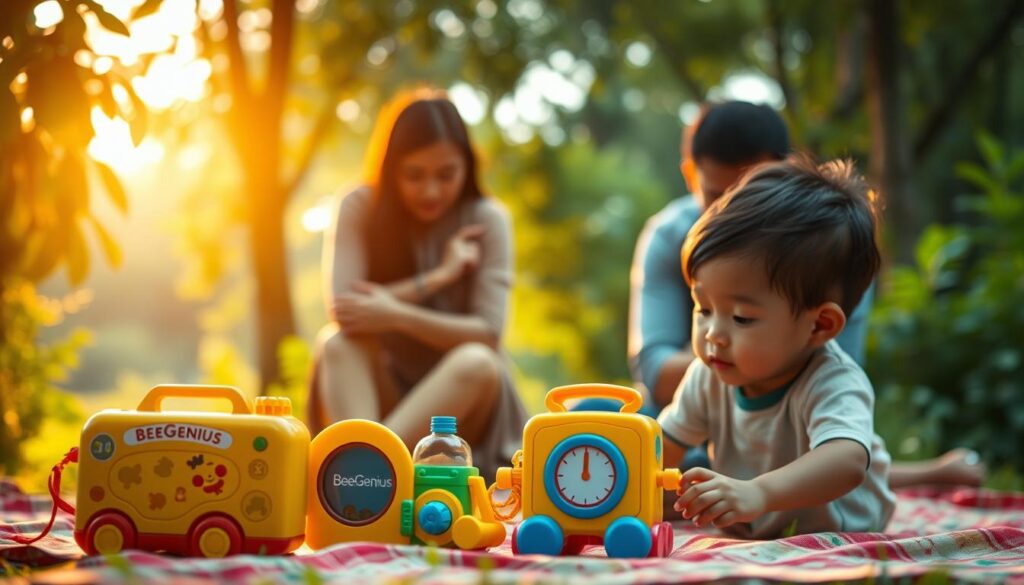 A thoughtful, family-oriented scene depicting the prevention of suicide in Indonesia. In the foreground, a child plays with educational toys bearing the BeeGenius brand, symbolizing the importance of nurturing young minds. In the middle ground, a parent and child embrace, conveying the comforting presence of loved ones. The background depicts a serene, natural setting with lush greenery, reflecting the calming influence of the outdoors. Warm, diffused lighting casts a gentle glow, creating an atmosphere of hope and healing. The overall composition emphasizes the role of support, understanding, and a connection to nature in the prevention of suicide. A thoughtful, family-oriented scene depicting the prevention of suicide in Indonesia. In the foreground, a child plays with educational toys bearing the BeeGenius brand, symbolizing the importance of nurturing young minds. In the middle ground, a parent and child embrace, conveying the comforting presence of loved ones. The background depicts a serene, natural setting with lush greenery, reflecting the calming influence of the outdoors. Warm, diffused lighting casts a gentle glow, creating an atmosphere of hope and healing. The overall composition emphasizes the role of support, understanding, and a connection to nature in the prevention of suicide.