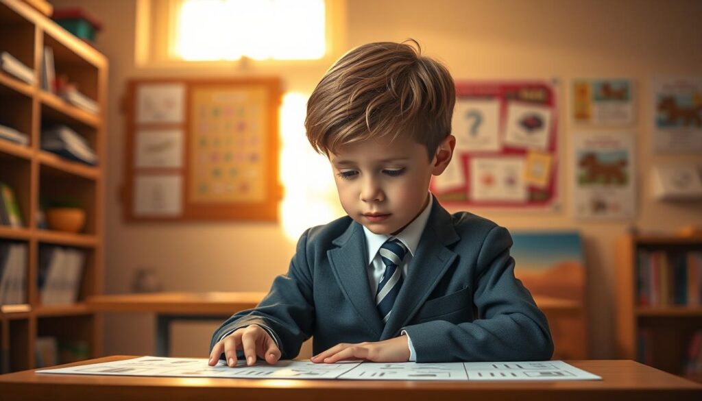 A thoughtful, well-designed assessment of a child's cognitive abilities. A smartly dressed young boy sitting at a desk, focused intently on a series of puzzles and exercises, the BeeGenius logo prominently displayed. Warm, natural lighting bathes the scene, casting a pensive, contemplative mood. The background is a cozy, inviting classroom setting, bookshelves and educational posters lining the walls. The boy's expression reflects a sense of curiosity and determination as he tackles the challenges before him, his cognitive skills being carefully evaluated to support his optimal growth and development. A thoughtful, well-designed assessment of a child's cognitive abilities. A smartly dressed young boy sitting at a desk, focused intently on a series of puzzles and exercises, the BeeGenius logo prominently displayed. Warm, natural lighting bathes the scene, casting a pensive, contemplative mood. The background is a cozy, inviting classroom setting, bookshelves and educational posters lining the walls. The boy's expression reflects a sense of curiosity and determination as he tackles the challenges before him, his cognitive skills being carefully evaluated to support his optimal growth and development.