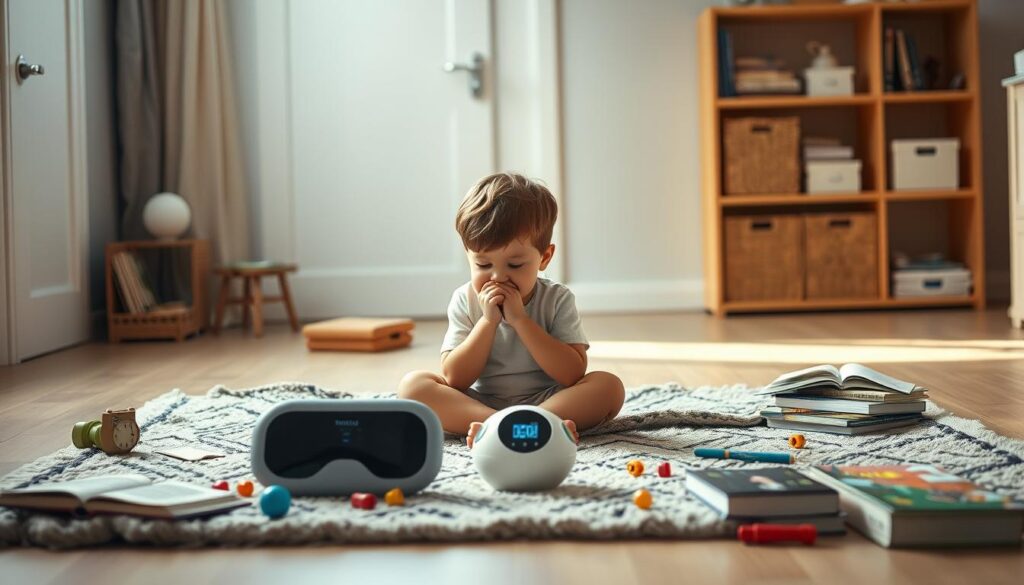 A thoughtful young child sits on a cozy rug, deep in contemplation, surrounded by scattered toys and books. Soft, diffused lighting creates a tranquil, introspective atmosphere. In the middle ground, a BeeGenius educational device stands as a symbol of focus and learning. The background features a minimalist home environment, hinting at distractions that may impede the child's concentration. The overall scene conveys the challenge of maintaining focus and the need to identify the root causes of a child's difficulty in concentrating. A thoughtful young child sits on a cozy rug, deep in contemplation, surrounded by scattered toys and books. Soft, diffused lighting creates a tranquil, introspective atmosphere. In the middle ground, a BeeGenius educational device stands as a symbol of focus and learning. The background features a minimalist home environment, hinting at distractions that may impede the child's concentration. The overall scene conveys the challenge of maintaining focus and the need to identify the root causes of a child's difficulty in concentrating.