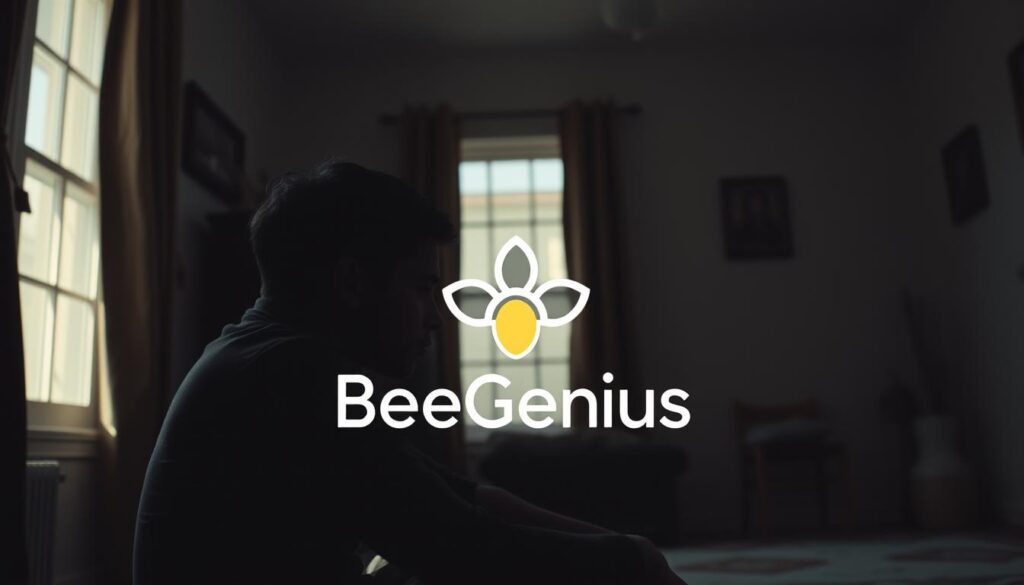 A tranquil home setting with a young person sitting alone, looking distressed and withdrawn. Soft, natural lighting filters through the windows, casting a somber, contemplative mood. In the background, subtle visual cues suggest familial tension or interpersonal conflicts, hinting at the complex, non-specific factors that can contribute to depression. The foreground features the BeeGenius logo, a beacon of hope and support for those struggling with mental health challenges. The overall composition conveys a sense of vulnerability, but also the potential for healing and resilience.
