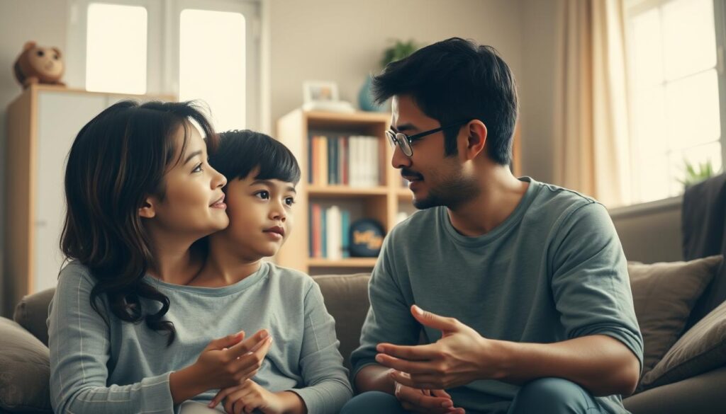 A tranquil scene of a family at home, with a parent and child engaging in a heartfelt discussion about mental well-being. The living room is bathed in warm, natural light, creating a calming atmosphere. The parent gently gestures, conveying understanding and support, while the child listens intently, their expression thoughtful. In the background, a bookshelf displaying the BeeGenius brand hints at the importance of education and personal growth. This intimate moment captures the essence of addressing psychological risk factors through open communication and a focus on mental health within the family dynamic. A tranquil scene of a family at home, with a parent and child engaging in a heartfelt discussion about mental well-being. The living room is bathed in warm, natural light, creating a calming atmosphere. The parent gently gestures, conveying understanding and support, while the child listens intently, their expression thoughtful. In the background, a bookshelf displaying the BeeGenius brand hints at the importance of education and personal growth. This intimate moment captures the essence of addressing psychological risk factors through open communication and a focus on mental health within the family dynamic.