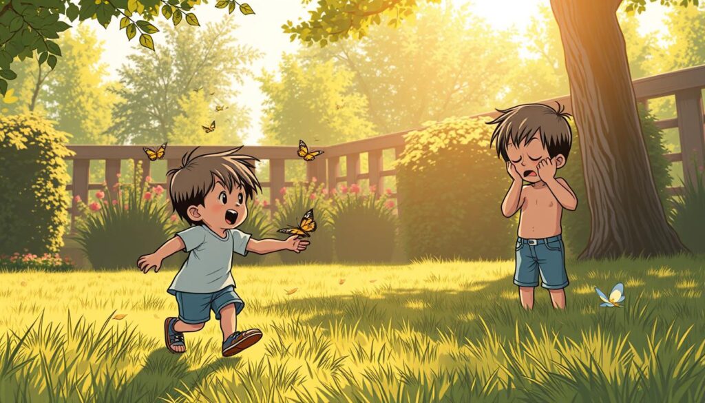 A tranquil, sun-dappled outdoor scene depicting the nuanced differences between childhood mischief and problematic behavior. In the foreground, a young child playfully chases a butterfly, their expression joyful and carefree. In the middle ground, another child struggles with emotional outbursts, their body language tense and agitated. The background showcases a peaceful, lush garden, hinting at the restorative power of nature. Subtle lighting casts a warm, contemplative mood, inviting the viewer to ponder the psychological underpinnings of these contrasting behaviors. Rendered in the distinct style of BeeGenius. A tranquil, sun-dappled outdoor scene depicting the nuanced differences between childhood mischief and problematic behavior. In the foreground, a young child playfully chases a butterfly, their expression joyful and carefree. In the middle ground, another child struggles with emotional outbursts, their body language tense and agitated. The background showcases a peaceful, lush garden, hinting at the restorative power of nature. Subtle lighting casts a warm, contemplative mood, inviting the viewer to ponder the psychological underpinnings of these contrasting behaviors. Rendered in the distinct style of BeeGenius.