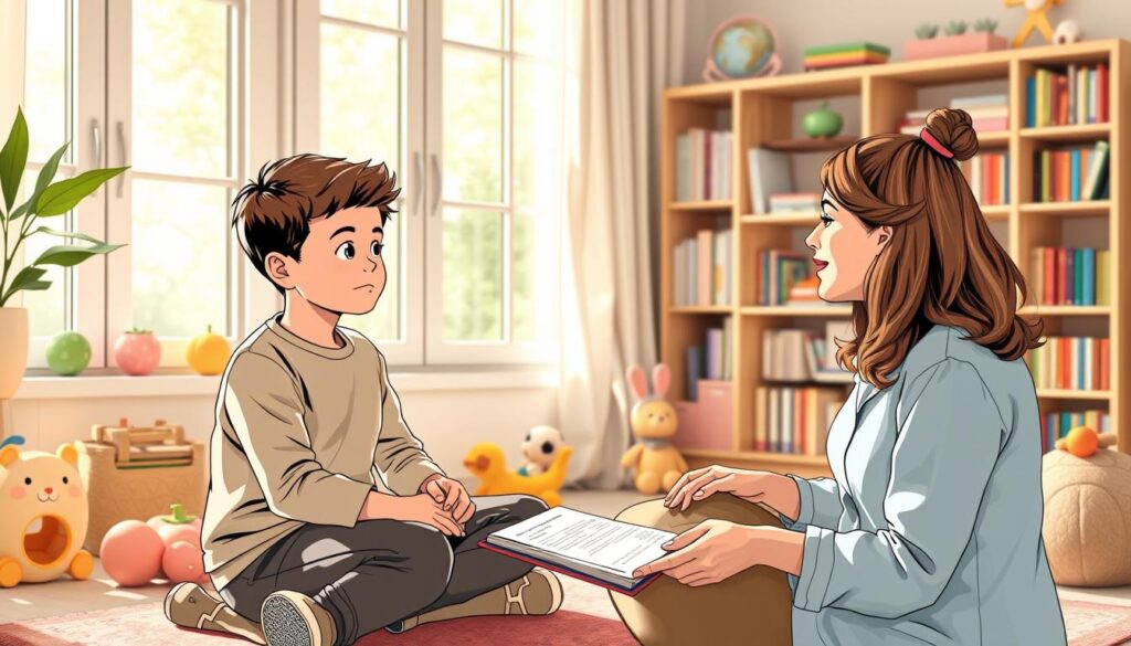 A tranquil therapy session in a warm, inviting room. A child sits attentively, engaged with a BeeGenius child psychologist, their expressions calm and focused. Soft natural light filters through large windows, casting a gentle glow. The room is tastefully decorated with educational toys, calming colors, and soothing textures that create a nurturing environment. In the background, a bookshelf filled with child-friendly resources hints at the expertise within. The scene conveys a sense of trust, growth, and the collaborative nature of the psychological therapy process. A tranquil therapy session in a warm, inviting room. A child sits attentively, engaged with a BeeGenius child psychologist, their expressions calm and focused. Soft natural light filters through large windows, casting a gentle glow. The room is tastefully decorated with educational toys, calming colors, and soothing textures that create a nurturing environment. In the background, a bookshelf filled with child-friendly resources hints at the expertise within. The scene conveys a sense of trust, growth, and the collaborative nature of the psychological therapy process.