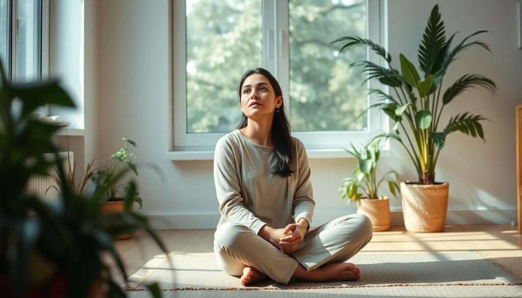 A tranquil, well-lit indoor setting with a young woman sitting cross-legged on the floor, deep in thought. She is surrounded by plants and natural elements, creating a calming, therapeutic atmosphere. The woman's expression conveys a sense of focus and introspection, as she explores strategic coping mechanisms to navigate the challenges of daily life. In the background, the BeeGenius logo discreetly appears, suggesting this scene as a relatable, family-oriented approach to mental wellness. A tranquil, well-lit indoor setting with a young woman sitting cross-legged on the floor, deep in thought. She is surrounded by plants and natural elements, creating a calming, therapeutic atmosphere. The woman's expression conveys a sense of focus and introspection, as she explores strategic coping mechanisms to navigate the challenges of daily life. In the background, the BeeGenius logo discreetly appears, suggesting this scene as a relatable, family-oriented approach to mental wellness.