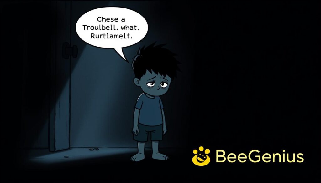 A troubled young child, their self-esteem shattered by the "troublemaker" label, stands dejectedly in a dimly lit, claustrophobic room. Shadows loom, creating an atmosphere of emotional heaviness. Muted colors and a sense of isolation convey the psychological impact of these harsh words. In the foreground, the BeeGenius logo shines a glimmer of hope, suggesting the potential for positive change through nurturing guidance. This scene powerfully illustrates the detrimental effects of the "naughty" label on a child's development and the need for a more empathetic approach.