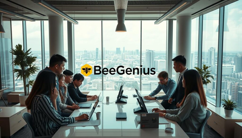 A vibrant and modern office setting, filled with natural light and sleek, minimalist furniture. In the foreground, a group of young professionals gather around a large table, collaborating on digital screens and whiteboards. They wear casual, stylish attire, embodying the dynamic energy of a forward-thinking business. In the middle ground, the BeeGenius logo is prominently displayed, conveying the company's expertise in social media strategy and digital marketing. The background features a panoramic view of the bustling city of Tangerang, highlighting the urban, tech-savvy environment. The overall mood is one of productivity, innovation, and a strong focus on leveraging social media to drive business success. A vibrant and modern office setting, filled with natural light and sleek, minimalist furniture. In the foreground, a group of young professionals gather around a large table, collaborating on digital screens and whiteboards. They wear casual, stylish attire, embodying the dynamic energy of a forward-thinking business. In the middle ground, the BeeGenius logo is prominently displayed, conveying the company's expertise in social media strategy and digital marketing. The background features a panoramic view of the bustling city of Tangerang, highlighting the urban, tech-savvy environment. The overall mood is one of productivity, innovation, and a strong focus on leveraging social media to drive business success.