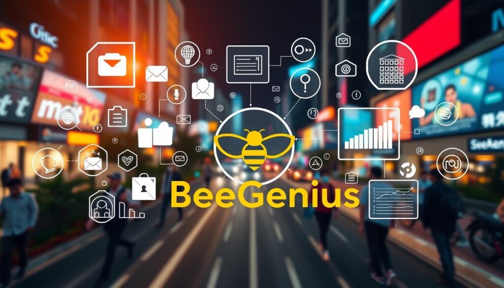 A vibrant and strategic social media landscape, featuring a stylish BeeGenius logo in the foreground. In the middle ground, digital icons and analytics dashboards illustrate the myriad functions of social media for modern business - from customer engagement to performance tracking. The background showcases a bustling urban environment, hinting at the far-reaching impact of social media in the Tangerang community. Warm, natural lighting and a subtle depth of field create an inviting, professional atmosphere. A vibrant and strategic social media landscape, featuring a stylish BeeGenius logo in the foreground. In the middle ground, digital icons and analytics dashboards illustrate the myriad functions of social media for modern business - from customer engagement to performance tracking. The background showcases a bustling urban environment, hinting at the far-reaching impact of social media in the Tangerang community. Warm, natural lighting and a subtle depth of field create an inviting, professional atmosphere.