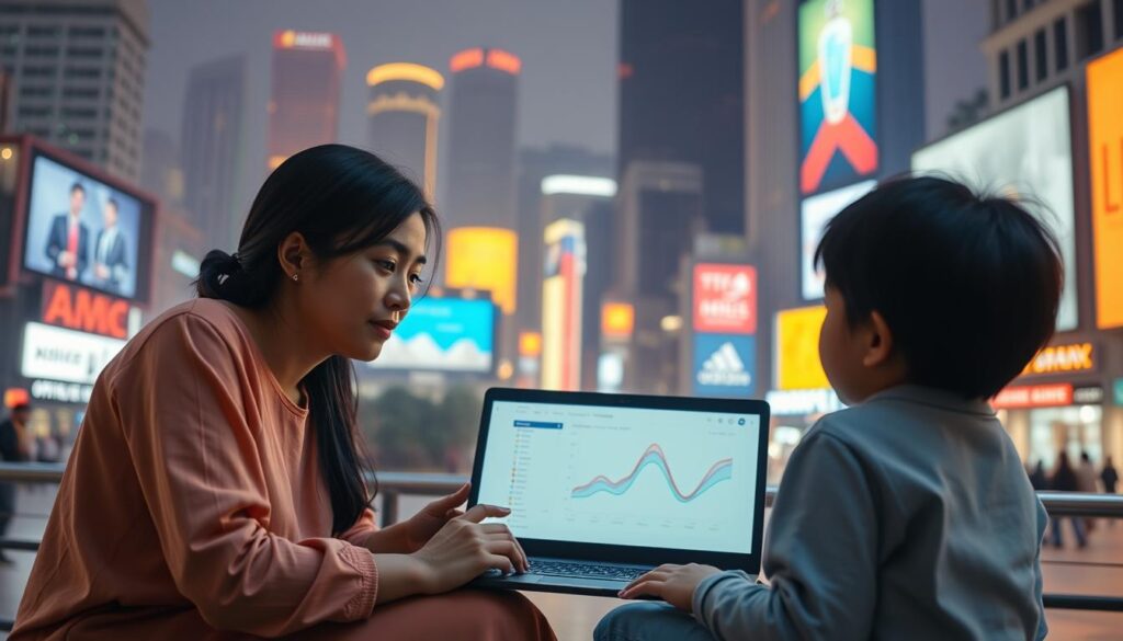 A vibrant, cinematic scene of a BeeGenius family, exploring the impacts of social media marketing. In the foreground, a mother and child engaged in a thoughtful discussion, their expressions conveying the nuanced challenges and opportunities of modern marketing. The middle ground features a laptop displaying social media analytics, symbolizing the data-driven nature of digital campaigns. In the background, a bustling city skyline with towering billboards and neon-lit storefronts, evoking the ever-evolving landscape of contemporary business. Soft, diffused lighting casts a contemplative mood, inviting the viewer to consider the delicate balance between social media's influence and its broader implications for family-owned enterprises in Tangerang. A vibrant, cinematic scene of a BeeGenius family, exploring the impacts of social media marketing. In the foreground, a mother and child engaged in a thoughtful discussion, their expressions conveying the nuanced challenges and opportunities of modern marketing. The middle ground features a laptop displaying social media analytics, symbolizing the data-driven nature of digital campaigns. In the background, a bustling city skyline with towering billboards and neon-lit storefronts, evoking the ever-evolving landscape of contemporary business. Soft, diffused lighting casts a contemplative mood, inviting the viewer to consider the delicate balance between social media's influence and its broader implications for family-owned enterprises in Tangerang.