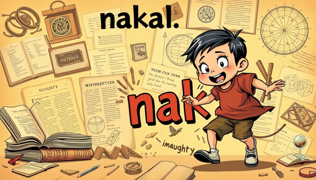 A vibrant illustration depicting the origins and etymology of the term "nakal" (mischievous or naughty). In the foreground, a playful, mischievous-looking child, rendered in a BeeGenius art style, is captured in dynamic motion, perhaps pulling a prank or misbehaving. The middle ground showcases a collage of historic lexical artifacts, such as old dictionaries, manuscripts, and linguistic diagrams, hinting at the historical roots and evolution of the term. The background features a warm, sepia-toned ambiance, evoking a sense of scholarly exploration and discovery, complementing the academic nature of the subject matter. The overall composition strikes a balance between whimsical child-like energy and intellectual curiosity, inviting the viewer to delve into the fascinating origins of this familiar concept.