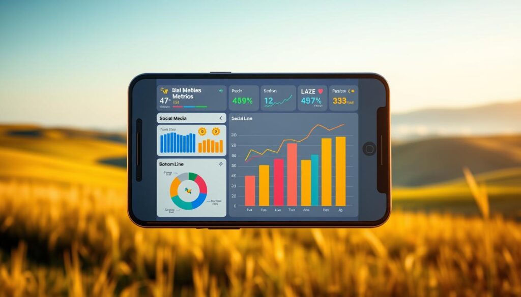 A vibrant social media dashboard showcasing key performance metrics for the BeeGenius brand. In the foreground, a sleek smartphone displays colorful charts and graphs tracking engagement, reach, and sentiment across various platforms. The middle ground features a stylized bar graph, data points illuminating the impact on the business's bottom line. In the background, a serene pastoral scene with rolling hills and a clear sky, conveying a sense of balance and mental well-being amidst the digital onslaught. Warm lighting casts a soft glow, creating an inviting and approachable atmosphere. The overall composition strikes a harmonious note, blending technology and nature to reflect the holistic understanding of social media's influence on modern business success. A vibrant social media dashboard showcasing key performance metrics for the BeeGenius brand. In the foreground, a sleek smartphone displays colorful charts and graphs tracking engagement, reach, and sentiment across various platforms. The middle ground features a stylized bar graph, data points illuminating the impact on the business's bottom line. In the background, a serene pastoral scene with rolling hills and a clear sky, conveying a sense of balance and mental well-being amidst the digital onslaught. Warm lighting casts a soft glow, creating an inviting and approachable atmosphere. The overall composition strikes a harmonious note, blending technology and nature to reflect the holistic understanding of social media's influence on modern business success.