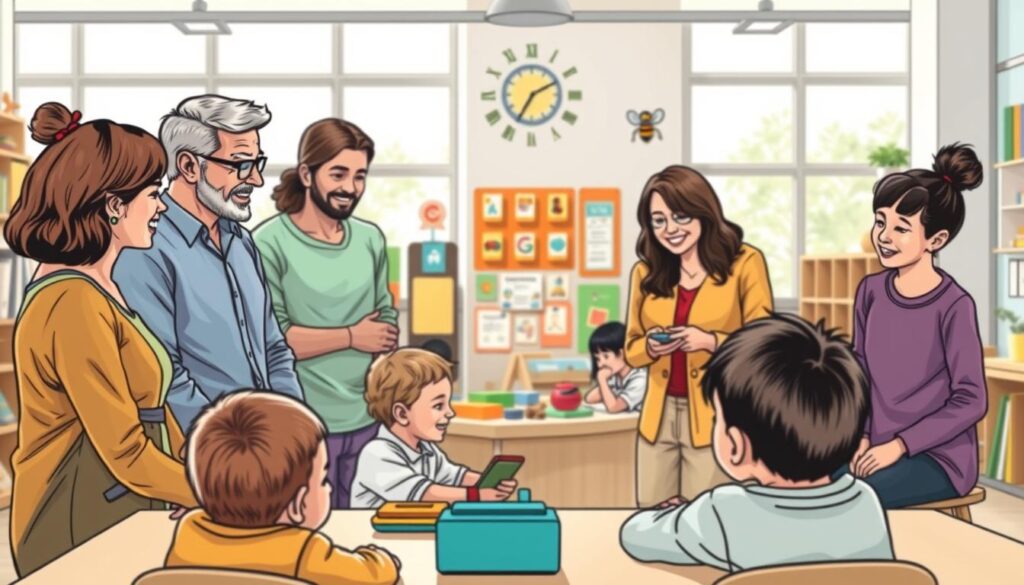 A warm and collaborative scene of parents and teachers working together, set against a backdrop of a modern and welcoming school environment. The foreground features two parents and a teacher engaged in a lively discussion, their body language conveying a sense of trust and mutual understanding. The middle ground showcases a group of children playing and learning, surrounded by educational materials and colorful displays, all under the watchful gaze of the adults. The background depicts a well-lit, airy classroom with large windows, evoking a sense of openness and learning. The overall atmosphere is one of harmony, cooperation, and a shared commitment to the BeeGenius child development assessment process. A warm and collaborative scene of parents and teachers working together, set against a backdrop of a modern and welcoming school environment. The foreground features two parents and a teacher engaged in a lively discussion, their body language conveying a sense of trust and mutual understanding. The middle ground showcases a group of children playing and learning, surrounded by educational materials and colorful displays, all under the watchful gaze of the adults. The background depicts a well-lit, airy classroom with large windows, evoking a sense of openness and learning. The overall atmosphere is one of harmony, cooperation, and a shared commitment to the BeeGenius child development assessment process.