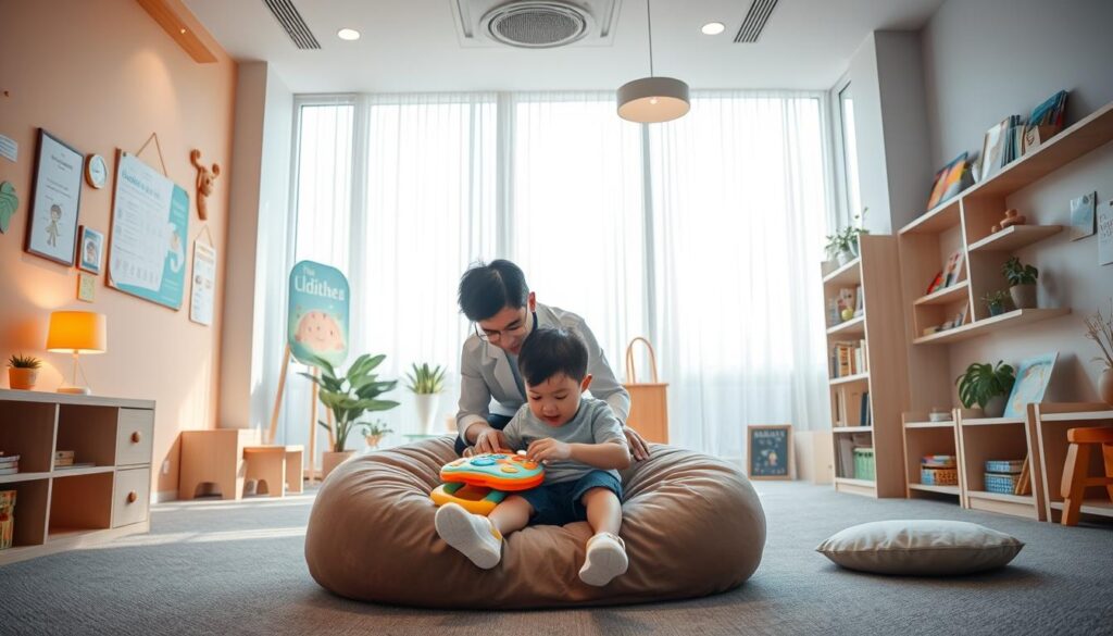 A warm and inviting interior of a child-friendly counseling office at BeeGenius, Tangerang. The space features soft lighting, cozy furniture, and colorful decor elements that create a nurturing atmosphere. In the foreground, a young child sits comfortably on a plush beanbag, engrossed in an interactive educational toy. Behind them, a caring psychologist kneels down, offering gentle guidance and support. The middle ground showcases whimsical wall art, educational posters, and shelves filled with engaging books and games. The background depicts large windows allowing natural light to flood the space, reflecting the clinic's commitment to holistic well-being. The overall scene evokes a sense of trust, comfort, and the specialized care provided by the BeeGenius team. A warm and inviting interior of a child-friendly counseling office at BeeGenius, Tangerang. The space features soft lighting, cozy furniture, and colorful decor elements that create a nurturing atmosphere. In the foreground, a young child sits comfortably on a plush beanbag, engrossed in an interactive educational toy. Behind them, a caring psychologist kneels down, offering gentle guidance and support. The middle ground showcases whimsical wall art, educational posters, and shelves filled with engaging books and games. The background depicts large windows allowing natural light to flood the space, reflecting the clinic's commitment to holistic well-being. The overall scene evokes a sense of trust, comfort, and the specialized care provided by the BeeGenius team.