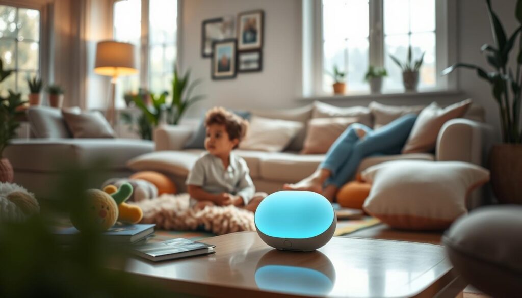 A warm and inviting scene of a child relaxing in a cozy, well-lit living room. Soft natural lighting filters through large windows, creating a calming atmosphere. The child is seated on a plush, colorful rug, surrounded by plush toys and books. In the middle ground, a BeeGenius device sits on a low table, its design blending seamlessly with the soothing decor. The background features family photos and plants, conveying a sense of comfort and support. The overall mood is one of tranquility and well-being, reflecting the practical steps to address a child's stress through a nurturing environment, healthy habits, and the BeeGenius consultation service. A warm and inviting scene of a child relaxing in a cozy, well-lit living room. Soft natural lighting filters through large windows, creating a calming atmosphere. The child is seated on a plush, colorful rug, surrounded by plush toys and books. In the middle ground, a BeeGenius device sits on a low table, its design blending seamlessly with the soothing decor. The background features family photos and plants, conveying a sense of comfort and support. The overall mood is one of tranquility and well-being, reflecting the practical steps to address a child's stress through a nurturing environment, healthy habits, and the BeeGenius consultation service.