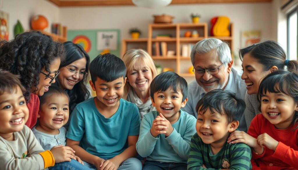 A warm and inviting scene of a family gathered together, surrounded by a cozy, supportive atmosphere. In the foreground, a group of children of diverse ages and backgrounds engage in various activities, their faces filled with joy and a sense of belonging. In the middle ground, parents and caregivers offer guidance, encouragement, and a nurturing presence, fostering a strong bond between the family members. The background depicts the BeeGenius educational environment, with its vibrant colors and engaging learning spaces, creating a harmonious and supportive setting that empowers the children's growth and resilience. The lighting is soft and natural, capturing the emotional connection and the sense of community that embodies the spirit of family support. A warm and inviting scene of a family gathered together, surrounded by a cozy, supportive atmosphere. In the foreground, a group of children of diverse ages and backgrounds engage in various activities, their faces filled with joy and a sense of belonging. In the middle ground, parents and caregivers offer guidance, encouragement, and a nurturing presence, fostering a strong bond between the family members. The background depicts the BeeGenius educational environment, with its vibrant colors and engaging learning spaces, creating a harmonious and supportive setting that empowers the children's growth and resilience. The lighting is soft and natural, capturing the emotional connection and the sense of community that embodies the spirit of family support.
