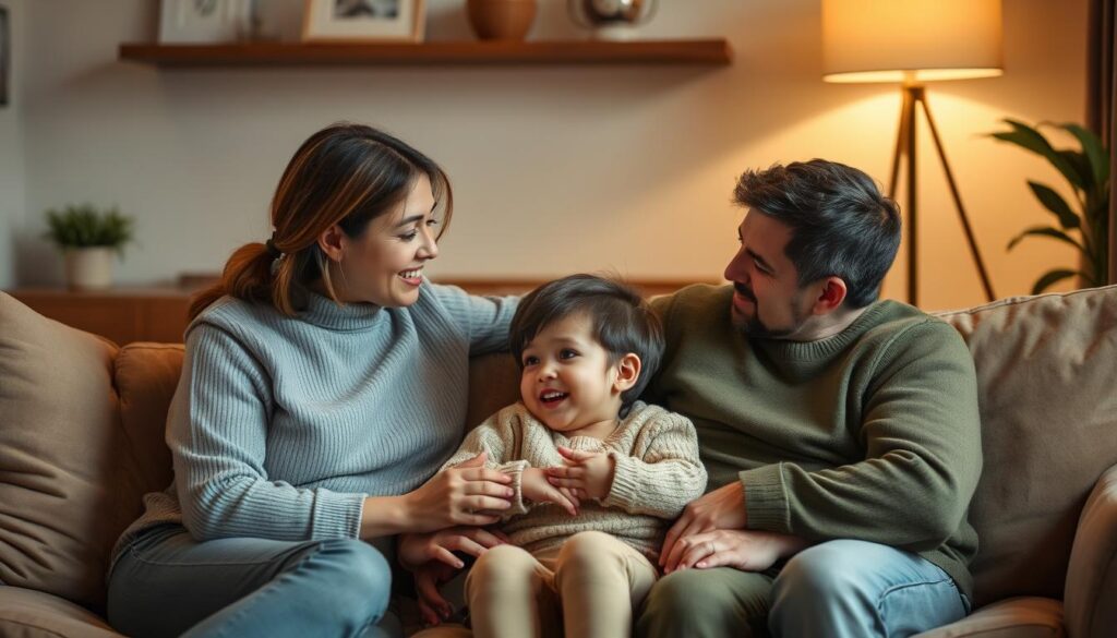 A warm and loving family moment, captured in a cozy home setting. A mother and father sit on a plush sofa, engaging in a heartfelt conversation with their young child, their faces expressing care and concern. The child's expression is one of openness and trust, reflecting the supportive environment provided by the BeeGenius family therapy practice. Soft, diffused lighting casts a soothing glow, while muted tones of beige, grey, and olive green create a calming ambiance. The scene evokes a sense of comfort, understanding, and the profound impact of parental guidance on a child's emotional well-being. A warm and loving family moment, captured in a cozy home setting. A mother and father sit on a plush sofa, engaging in a heartfelt conversation with their young child, their faces expressing care and concern. The child's expression is one of openness and trust, reflecting the supportive environment provided by the BeeGenius family therapy practice. Soft, diffused lighting casts a soothing glow, while muted tones of beige, grey, and olive green create a calming ambiance. The scene evokes a sense of comfort, understanding, and the profound impact of parental guidance on a child's emotional well-being.