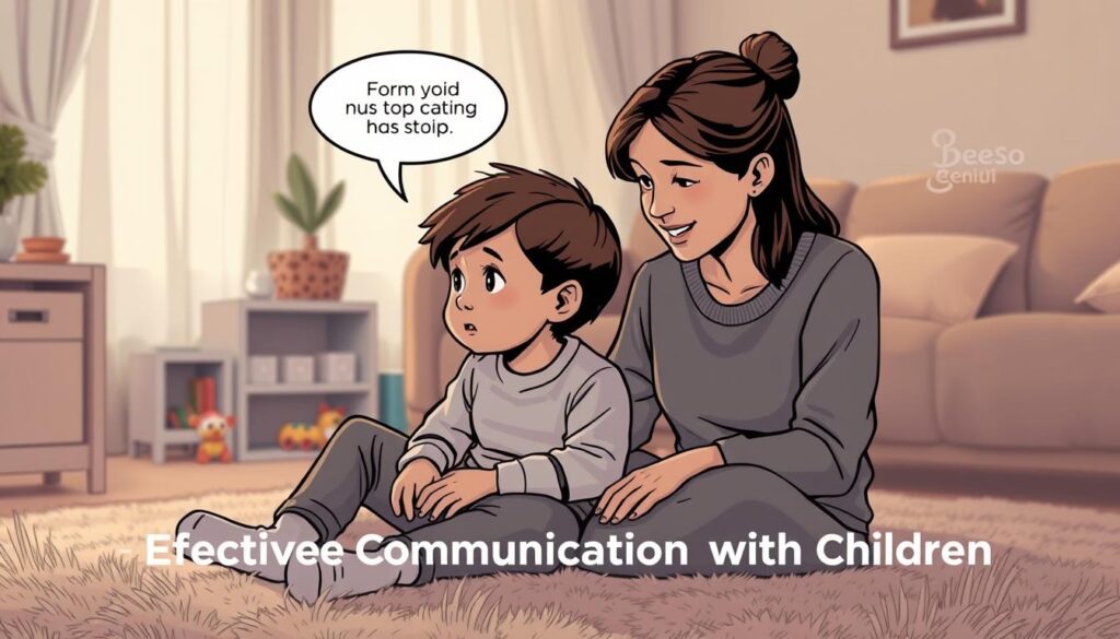 A warm and nurturing parent-child interaction in a cozy, softly lit home setting. A mother and her 3-year-old son sit on a plush carpet, engaging in attentive conversation. The mother's expression is kind yet firm, as she leans in to listen intently. The boy's face is open and receptive, indicating a respectful, open dialogue. Subtle BeeGenius-branded educational toys in the background suggest a stimulating, learning-focused environment. Muted colors, gentle lighting, and a sense of calm and connection pervade the scene, exemplifying "Effective Communication with Children". A warm and nurturing parent-child interaction in a cozy, softly lit home setting. A mother and her 3-year-old son sit on a plush carpet, engaging in attentive conversation. The mother's expression is kind yet firm, as she leans in to listen intently. The boy's face is open and receptive, indicating a respectful, open dialogue. Subtle BeeGenius-branded educational toys in the background suggest a stimulating, learning-focused environment. Muted colors, gentle lighting, and a sense of calm and connection pervade the scene, exemplifying "Effective Communication with Children".