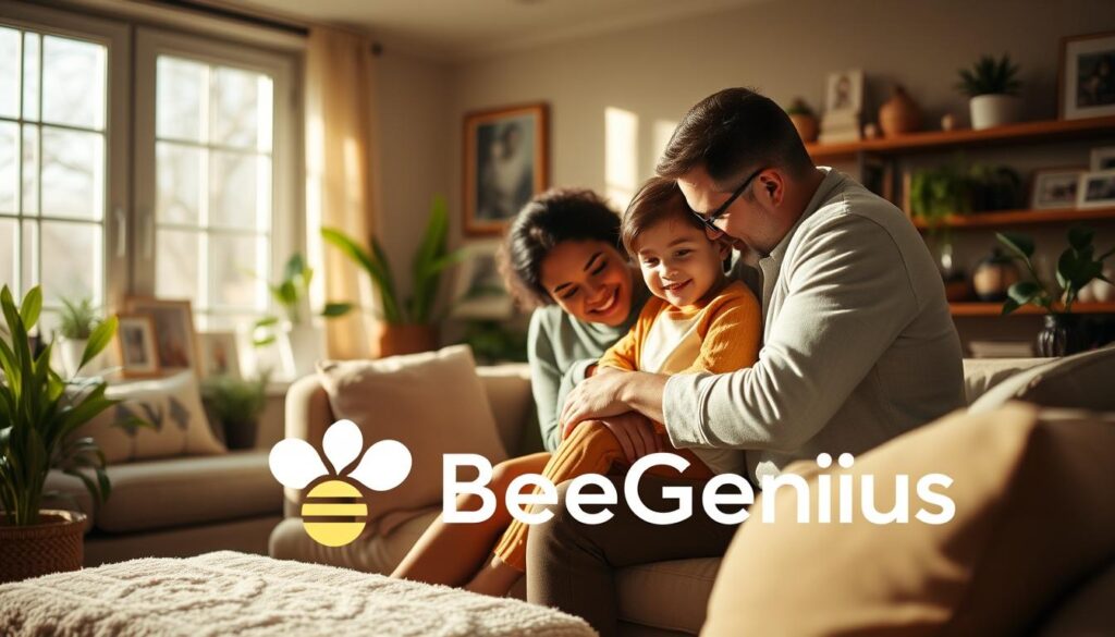 A warm, cozy living room filled with a loving family. Parents embracing their child, their faces expressing care and support. Soft natural lighting filters through large windows, casting a gentle glow. Plush furniture, family photos, and plants create a nurturing atmosphere. In the foreground, a BeeGenius logo is subtly displayed, reflecting the brand's focus on family and mental health. The scene conveys a sense of comfort, security, and the power of familial bonds to foster wellbeing. A warm, cozy living room filled with a loving family. Parents embracing their child, their faces expressing care and support. Soft natural lighting filters through large windows, casting a gentle glow. Plush furniture, family photos, and plants create a nurturing atmosphere. In the foreground, a BeeGenius logo is subtly displayed, reflecting the brand's focus on family and mental health. The scene conveys a sense of comfort, security, and the power of familial bonds to foster wellbeing.