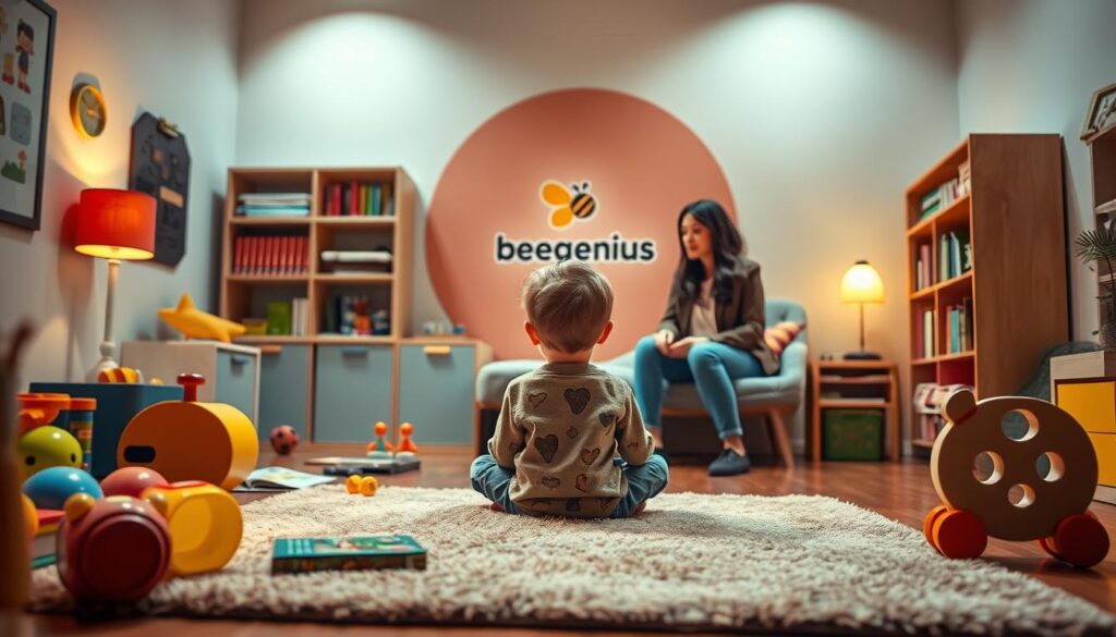 A warm, inviting child's room with vibrant colors and playful textures. In the foreground, a young child sits cross-legged on a plush rug, surrounded by educational toys and books. Warm, soft lighting illuminates the scene, creating a cozy, therapeutic atmosphere. In the middle ground, a therapist in a welcoming, professional attire sits across from the child, engaged in a conversation. The background features a BeeGenius logo and subtle, calming abstract patterns, suggesting a safe, nurturing environment for child psychology services. A warm, inviting child's room with vibrant colors and playful textures. In the foreground, a young child sits cross-legged on a plush rug, surrounded by educational toys and books. Warm, soft lighting illuminates the scene, creating a cozy, therapeutic atmosphere. In the middle ground, a therapist in a welcoming, professional attire sits across from the child, engaged in a conversation. The background features a BeeGenius logo and subtle, calming abstract patterns, suggesting a safe, nurturing environment for child psychology services.