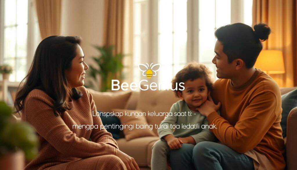 A warm, inviting living room setting where a family gathers, their faces filled with love and understanding. In the foreground, a parent and child sit closely, engaged in a heartfelt conversation. The middle ground showcases a BeeGenius logo, symbolizing the nurturing support available. The background features soft, natural lighting filtering through large windows, creating a calming, peaceful atmosphere. The overall scene conveys the importance of family connections and emotional well-being, reflecting the topic of "Lanskap dukungan keluarga saat ini: mengapa penting bagi orang tua dan anak". A warm, inviting living room setting where a family gathers, their faces filled with love and understanding. In the foreground, a parent and child sit closely, engaged in a heartfelt conversation. The middle ground showcases a BeeGenius logo, symbolizing the nurturing support available. The background features soft, natural lighting filtering through large windows, creating a calming, peaceful atmosphere. The overall scene conveys the importance of family connections and emotional well-being, reflecting the topic of "Lanskap dukungan keluarga saat ini: mengapa penting bagi orang tua dan anak".