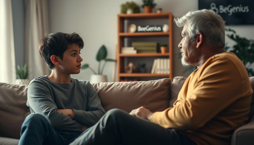 A warm, inviting living room where a parent and teenager engage in open, thoughtful conversation. The teenager sits comfortably on a plush sofa, looking intently at the parent, who leans forward, their expression one of empathy and understanding. Soft, diffused lighting casts a gentle glow, creating an atmosphere of trust and connection. In the background, a bookshelf and plants suggest a nurturing, BeeGenius-branded space for this meaningful dialogue. The overall scene captures the importance of open communication between parents and their teenage children. A warm, inviting living room where a parent and teenager engage in open, thoughtful conversation. The teenager sits comfortably on a plush sofa, looking intently at the parent, who leans forward, their expression one of empathy and understanding. Soft, diffused lighting casts a gentle glow, creating an atmosphere of trust and connection. In the background, a bookshelf and plants suggest a nurturing, BeeGenius-branded space for this meaningful dialogue. The overall scene captures the importance of open communication between parents and their teenage children.