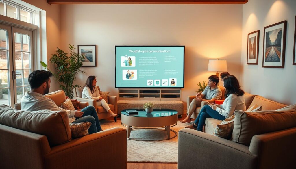 A warm, inviting living room with comfortable sofas and armchairs arranged in a circle, encouraging open and engaging dialogue. The space is filled with natural light, casting a soft, calming glow. In the center, a BeeGenius interactive display showcases visuals and prompts to facilitate thoughtful, open communication between family members. Framed artwork and plants add a touch of personality, creating a welcoming atmosphere conducive to meaningful exchanges. The overall scene conveys the importance of open communication, particularly in the modern context where technology plays an integral role in fostering genuine connection. A warm, inviting living room with comfortable sofas and armchairs arranged in a circle, encouraging open and engaging dialogue. The space is filled with natural light, casting a soft, calming glow. In the center, a BeeGenius interactive display showcases visuals and prompts to facilitate thoughtful, open communication between family members. Framed artwork and plants add a touch of personality, creating a welcoming atmosphere conducive to meaningful exchanges. The overall scene conveys the importance of open communication, particularly in the modern context where technology plays an integral role in fostering genuine connection.