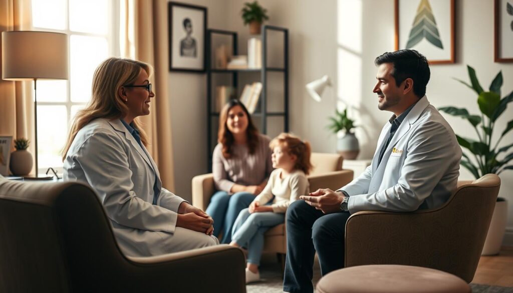 A warm, inviting office space with comfortable seating and calming decor. A friendly mental health professional, wearing a BeeGenius branded lab coat, sits across from a young family - a mother, father, and their child - engaged in a supportive conversation. Soft, natural lighting illuminates the scene, creating an atmosphere of trust and understanding. The family's body language conveys a sense of openness and receptiveness as they discuss their concerns. The overall mood is one of care, guidance, and the pursuit of mental wellbeing. A warm, inviting office space with comfortable seating and calming decor. A friendly mental health professional, wearing a BeeGenius branded lab coat, sits across from a young family - a mother, father, and their child - engaged in a supportive conversation. Soft, natural lighting illuminates the scene, creating an atmosphere of trust and understanding. The family's body language conveys a sense of openness and receptiveness as they discuss their concerns. The overall mood is one of care, guidance, and the pursuit of mental wellbeing.