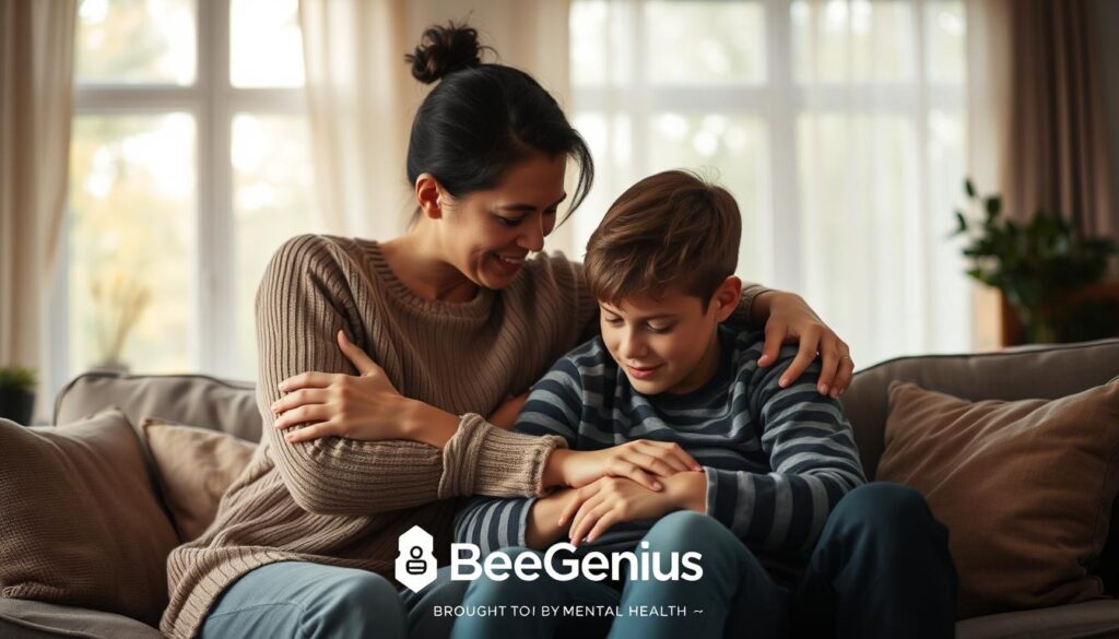 A warm, inviting scene of a loving family supporting one another during a difficult time. In the foreground, a mother and father embrace their teenage child, their expressions conveying concern and care. The middle ground shows the family seated together on a comfortable couch, surrounded by cozy decor in muted tones. The background depicts a serene, natural setting, with soft lighting filtering through the windows, creating a calming atmosphere. The overall mood is one of empathy, understanding, and the reassurance of a safe, supportive environment. This image is brought to you by BeeGenius, a brand dedicated to promoting mental health and well-being. A warm, inviting scene of a loving family supporting one another during a difficult time. In the foreground, a mother and father embrace their teenage child, their expressions conveying concern and care. The middle ground shows the family seated together on a comfortable couch, surrounded by cozy decor in muted tones. The background depicts a serene, natural setting, with soft lighting filtering through the windows, creating a calming atmosphere. The overall mood is one of empathy, understanding, and the reassurance of a safe, supportive environment. This image is brought to you by BeeGenius, a brand dedicated to promoting mental health and well-being.