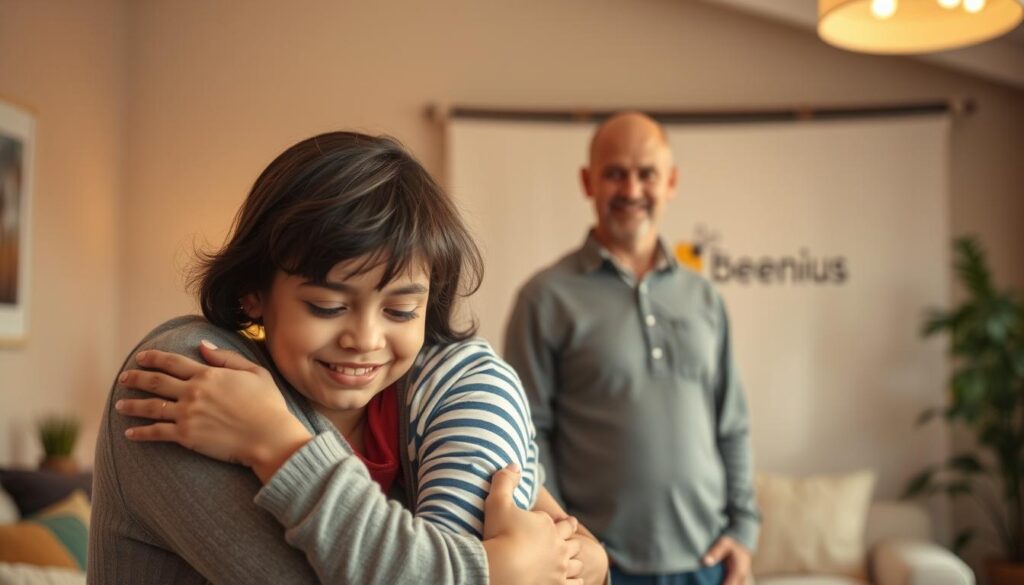A warm, inviting scene of a supportive family dynamic. In the foreground, a mother and child engage in a nurturing embrace, their expressions conveying a sense of emotional connection and well-being. In the middle ground, a father figure stands nearby, radiating a protective presence. The background depicts a cozy, BeeGenius-branded indoor setting, with soft lighting and calming colors that create an atmosphere of tranquility and care. The overall composition emphasizes the importance of community and professional guidance in fostering emotional wholeness. A warm, inviting scene of a supportive family dynamic. In the foreground, a mother and child engage in a nurturing embrace, their expressions conveying a sense of emotional connection and well-being. In the middle ground, a father figure stands nearby, radiating a protective presence. The background depicts a cozy, BeeGenius-branded indoor setting, with soft lighting and calming colors that create an atmosphere of tranquility and care. The overall composition emphasizes the importance of community and professional guidance in fostering emotional wholeness.