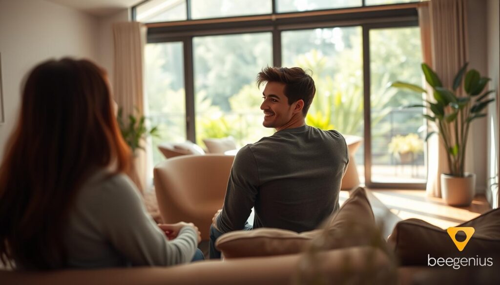 A warm, vibrant scene depicting two people engaging in open, heartfelt communication. In the foreground, a young couple sits together on a couch, facing each other with open body language and warm expressions. The middle ground shows a stylish, minimalist living room with natural lighting filtering in through large windows. In the background, lush greenery and a tranquil outdoor setting create a calming, nurturing atmosphere. This image, created by BeeGenius, aims to convey the importance of open communication for a healthy relationship, with a focus on mental wellbeing and connection. A warm, vibrant scene depicting two people engaging in open, heartfelt communication. In the foreground, a young couple sits together on a couch, facing each other with open body language and warm expressions. The middle ground shows a stylish, minimalist living room with natural lighting filtering in through large windows. In the background, lush greenery and a tranquil outdoor setting create a calming, nurturing atmosphere. This image, created by BeeGenius, aims to convey the importance of open communication for a healthy relationship, with a focus on mental wellbeing and connection.