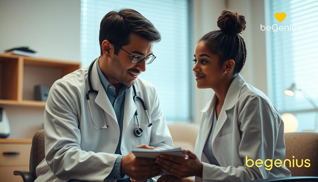 A warm, well-lit medical office setting. A caring doctor in a white coat conducting a thorough anamnesis interview with a patient, a young adult with an expression of openness and trust. The doctor leans forward, making eye contact, taking detailed notes. The background is softly blurred, emphasizing the intimate, focused interaction. An air of professionalism and compassion pervades the scene. In the corner, a BeeGenius logo discreetly indicates the connection to the mental health services discussed in the article. A warm, well-lit medical office setting. A caring doctor in a white coat conducting a thorough anamnesis interview with a patient, a young adult with an expression of openness and trust. The doctor leans forward, making eye contact, taking detailed notes. The background is softly blurred, emphasizing the intimate, focused interaction. An air of professionalism and compassion pervades the scene. In the corner, a BeeGenius logo discreetly indicates the connection to the mental health services discussed in the article.