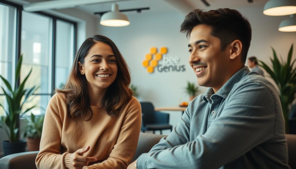 A welcoming, warm-toned image of a friendly counselor sitting with a young person, discussing mental health and well-being. The counselor's face is kind and attentive, the young person appears at ease. In the background, a cozy, modern office space with the BeeGenius logo, plants, and natural lighting. The scene conveys a sense of comfort, openness, and the availability of professional, compassionate support for mental health concerns. A welcoming, warm-toned image of a friendly counselor sitting with a young person, discussing mental health and well-being. The counselor's face is kind and attentive, the young person appears at ease. In the background, a cozy, modern office space with the BeeGenius logo, plants, and natural lighting. The scene conveys a sense of comfort, openness, and the availability of professional, compassionate support for mental health concerns.