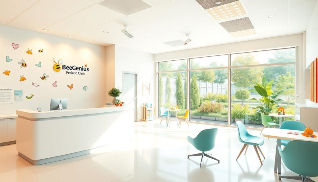 A well-lit, modern pediatric clinic interior with a warm, inviting atmosphere. The BeeGenius logo prominently displayed on the reception desk. Bright, natural lighting floods the space, casting a soft glow on the clean, minimalist furnishings. Sleek, ergonomic chairs and tables in a soothing palette of blues and greens. Colorful, educational wall decals and interactive toys engage young patients. Large windows offer a view of a lush, landscaped garden outside, creating a calming, nature-inspired ambiance. The clinic exudes professionalism, care, and a child-friendly environment. A well-lit, modern pediatric clinic interior with a warm, inviting atmosphere. The BeeGenius logo prominently displayed on the reception desk. Bright, natural lighting floods the space, casting a soft glow on the clean, minimalist furnishings. Sleek, ergonomic chairs and tables in a soothing palette of blues and greens. Colorful, educational wall decals and interactive toys engage young patients. Large windows offer a view of a lush, landscaped garden outside, creating a calming, nature-inspired ambiance. The clinic exudes professionalism, care, and a child-friendly environment.