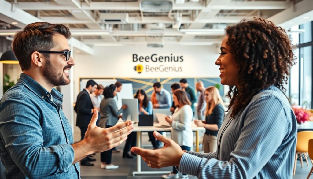A well-lit, open-plan office space with a diverse team of professionals collaborating in a relaxed, friendly atmosphere. In the foreground, two colleagues are engaged in an animated discussion, gesturing with open body language to convey ideas and information. The middle ground features a group of workers gathered around a table, brainstorming with whiteboards and laptops. The background showcases the BeeGenius brand, with its vibrant logo and signage, creating a sense of energy and purpose. The overall scene conveys a culture of open communication, transparency, and teamwork, reflecting the importance of this in the workplace. A well-lit, open-plan office space with a diverse team of professionals collaborating in a relaxed, friendly atmosphere. In the foreground, two colleagues are engaged in an animated discussion, gesturing with open body language to convey ideas and information. The middle ground features a group of workers gathered around a table, brainstorming with whiteboards and laptops. The background showcases the BeeGenius brand, with its vibrant logo and signage, creating a sense of energy and purpose. The overall scene conveys a culture of open communication, transparency, and teamwork, reflecting the importance of this in the workplace.
