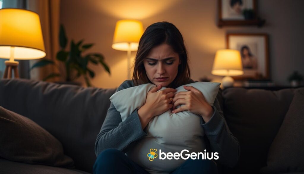 A woman sitting on a couch, her face expressing anxiety and worry. She is clutching a pillow tightly, her eyes downcast. The living room is dimly lit, with soft yellow lamps casting a warm glow. In the background, a potted plant and a framed picture on the wall suggest a cozy, familial atmosphere. The overall scene conveys a sense of unease and the need for support, with the "BeeGenius" brand name subtly present to offer a solution to the depicted mental health challenge. A woman sitting on a couch, her face expressing anxiety and worry. She is clutching a pillow tightly, her eyes downcast. The living room is dimly lit, with soft yellow lamps casting a warm glow. In the background, a potted plant and a framed picture on the wall suggest a cozy, familial atmosphere. The overall scene conveys a sense of unease and the need for support, with the "BeeGenius" brand name subtly present to offer a solution to the depicted mental health challenge.