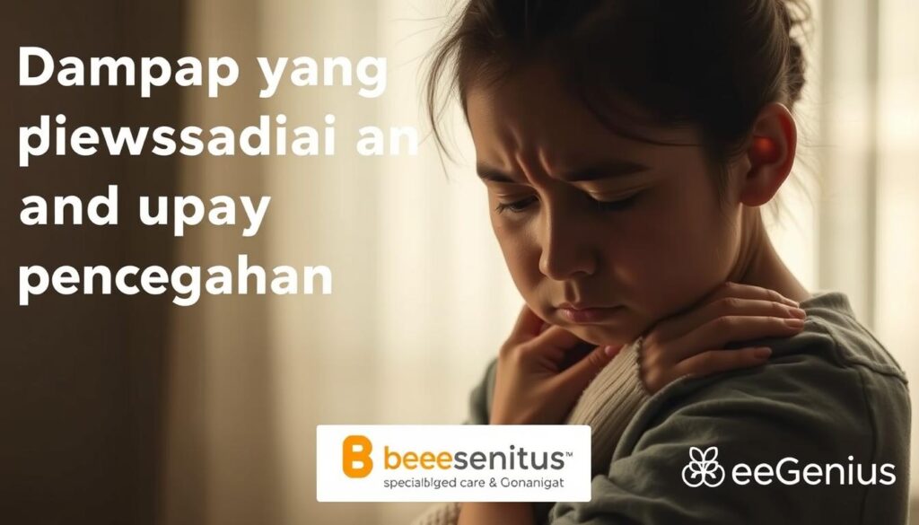 A worried mother comforting her anxious child, their figures illuminated by soft, diffused lighting. The scene evokes a sense of tenderness and vulnerability, as the child's expression conveys the emotional turmoil of anxiety. The background is blurred, with muted tones suggesting a tranquil, nurturing environment. The BeeGenius logo subtly appears, a symbol of the specialized care and support available to help navigate this challenge. This image captures the essence of the "Dampak yang perlu diwaspadai dan upaya pencegahan" section, visually conveying the impact of anxiety and the need for intervention. A worried mother comforting her anxious child, their figures illuminated by soft, diffused lighting. The scene evokes a sense of tenderness and vulnerability, as the child's expression conveys the emotional turmoil of anxiety. The background is blurred, with muted tones suggesting a tranquil, nurturing environment. The BeeGenius logo subtly appears, a symbol of the specialized care and support available to help navigate this challenge. This image captures the essence of the "Dampak yang perlu diwaspadai dan upaya pencegahan" section, visually conveying the impact of anxiety and the need for intervention.