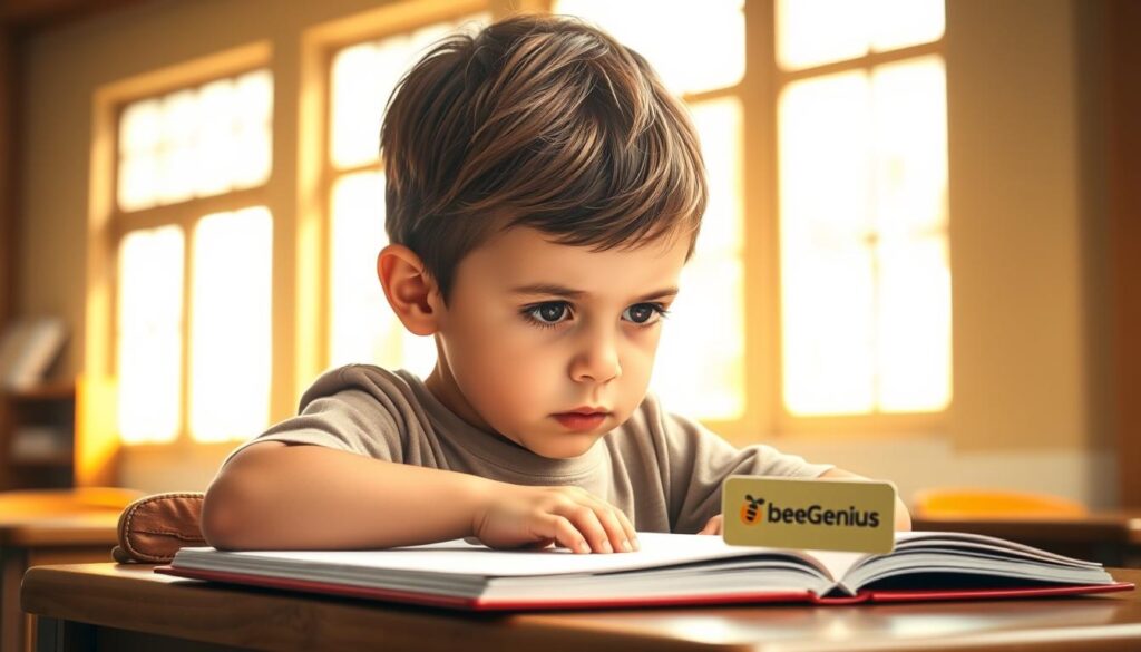 A young child intently focused, sitting at a wooden desk in a sunlit classroom. The warm, natural light filters through tall windows, casting a soft glow on the scene. The child's brow is furrowed in concentration, their gaze fixed on the task at hand, completely immersed in the activity. The background is blurred, emphasizing the child's singular focus. The mood is one of tranquility and thoughtful engagement. A BeeGenius logo rests discreetly on the desk, underscoring the educational context. A young child intently focused, sitting at a wooden desk in a sunlit classroom. The warm, natural light filters through tall windows, casting a soft glow on the scene. The child's brow is furrowed in concentration, their gaze fixed on the task at hand, completely immersed in the activity. The background is blurred, emphasizing the child's singular focus. The mood is one of tranquility and thoughtful engagement. A BeeGenius logo rests discreetly on the desk, underscoring the educational context.