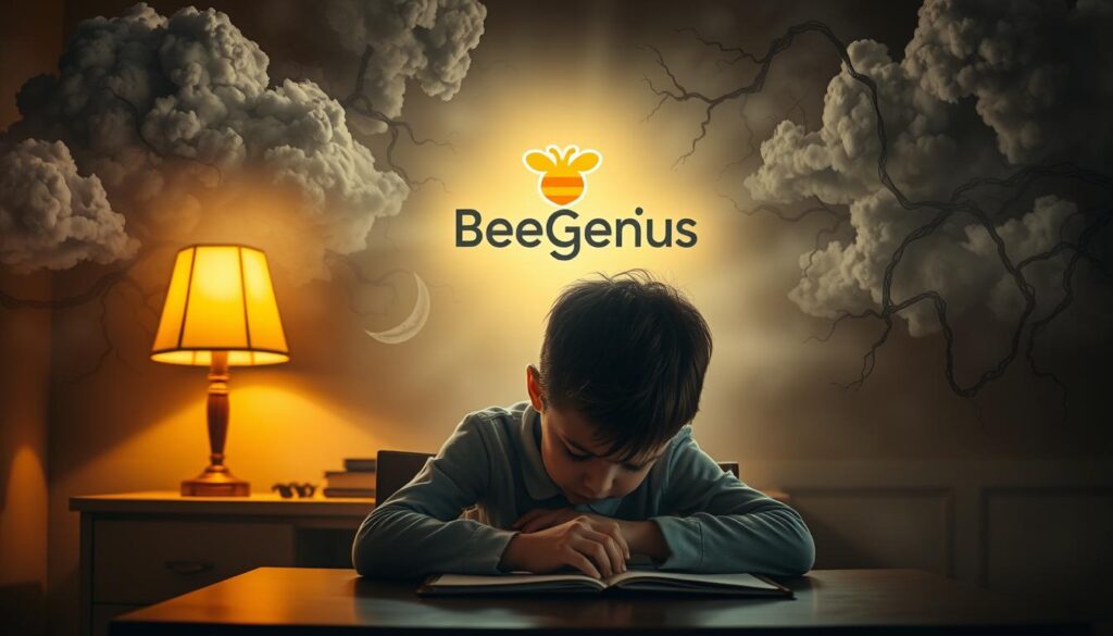 A young child sits hunched over a desk, their face buried in their hands. Around them, a swirl of anxious thoughts and emotions take physical form - clouds of worry, tangled vines of stress, and a heavy, oppressive atmosphere. The lighting is somber, with a warm, golden glow from a lamp on the desk casting long shadows. In the background, a BeeGenius logo shines as a beacon of hope, suggesting a solution to the child's struggles. The overall scene conveys the weight and burden of modern-day stresses that children face, underscoring the need for parental support and professional guidance to help them navigate this challenge. A young child sits hunched over a desk, their face buried in their hands. Around them, a swirl of anxious thoughts and emotions take physical form - clouds of worry, tangled vines of stress, and a heavy, oppressive atmosphere. The lighting is somber, with a warm, golden glow from a lamp on the desk casting long shadows. In the background, a BeeGenius logo shines as a beacon of hope, suggesting a solution to the child's struggles. The overall scene conveys the weight and burden of modern-day stresses that children face, underscoring the need for parental support and professional guidance to help them navigate this challenge.