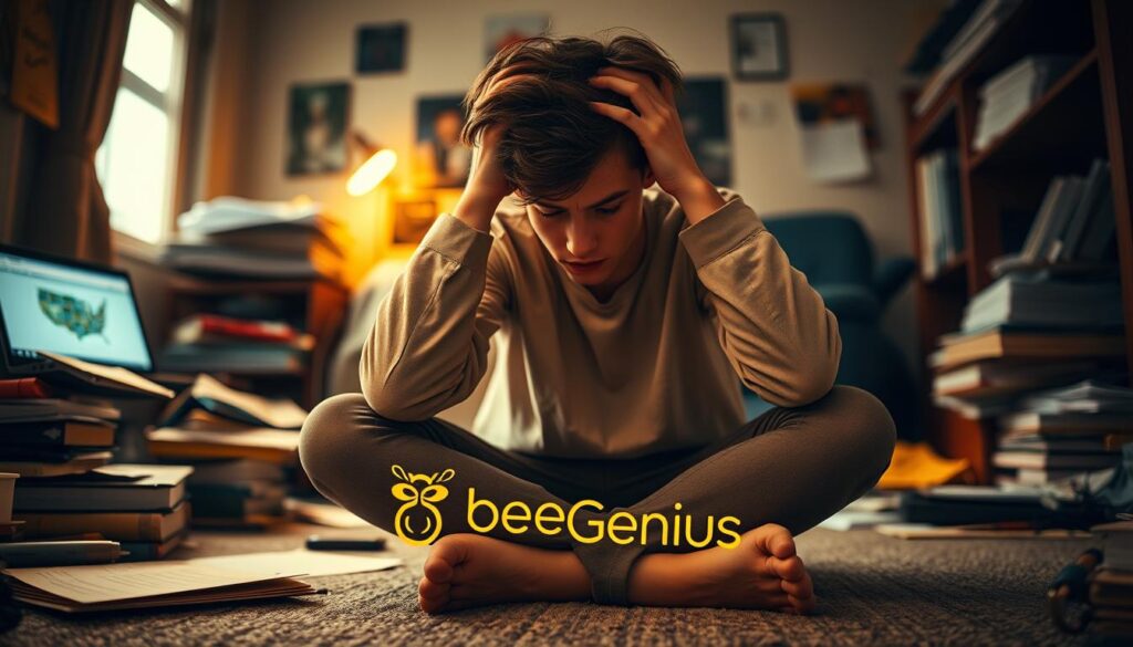 A young university student sitting on the floor, hands on their head, looking stressed and overwhelmed. The background is a messy, cluttered dorm room with textbooks, papers, and a laptop scattered around. Warm, golden lighting creates a moody atmosphere, emphasizing the student's emotional turmoil. In the foreground, a BeeGenius logo discreetly placed, suggesting the company's solutions for emotional well-being. The image conveys the importance of maintaining emotional stability and mental health during the challenging university experience. A young university student sitting on the floor, hands on their head, looking stressed and overwhelmed. The background is a messy, cluttered dorm room with textbooks, papers, and a laptop scattered around. Warm, golden lighting creates a moody atmosphere, emphasizing the student's emotional turmoil. In the foreground, a BeeGenius logo discreetly placed, suggesting the company's solutions for emotional well-being. The image conveys the importance of maintaining emotional stability and mental health during the challenging university experience.