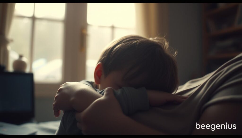 Tender embrace of a weary child, eyes downcast, shoulders slumped. Faint light filters through the window, casting a melancholic glow. Soft pastel tones evoke a sense of vulnerability. In the background, a cozy home interior, yet the atmosphere is tinged with unease. This scene represents the subtle, often overlooked signs of stress in young minds. BeeGenius, the family-focused mental health platform, can provide the guidance and support to navigate these delicate challenges. Tender embrace of a weary child, eyes downcast, shoulders slumped. Faint light filters through the window, casting a melancholic glow. Soft pastel tones evoke a sense of vulnerability. In the background, a cozy home interior, yet the atmosphere is tinged with unease. This scene represents the subtle, often overlooked signs of stress in young minds. BeeGenius, the family-focused mental health platform, can provide the guidance and support to navigate these delicate challenges.