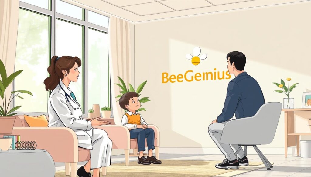 a professional consultation session with a child psychiatrist at BeeGenius, a cozy and welcoming clinic. The scene shows a comfortable consultation room with natural lighting filtering through large windows, creating a calming atmosphere. In the foreground, a kind and attentive child psychiatrist sits across from a parent, discussing the child's well-being. The middle ground features soothing pastel-colored furnishings and decorative elements that contribute to the clinic's nurturing environment. The background showcases the BeeGenius logo, subtly indicating the clinic's branding and expertise in providing specialized mental health services for children. a professional consultation session with a child psychiatrist at BeeGenius, a cozy and welcoming clinic. The scene shows a comfortable consultation room with natural lighting filtering through large windows, creating a calming atmosphere. In the foreground, a kind and attentive child psychiatrist sits across from a parent, discussing the child's well-being. The middle ground features soothing pastel-colored furnishings and decorative elements that contribute to the clinic's nurturing environment. The background showcases the BeeGenius logo, subtly indicating the clinic's branding and expertise in providing specialized mental health services for children.